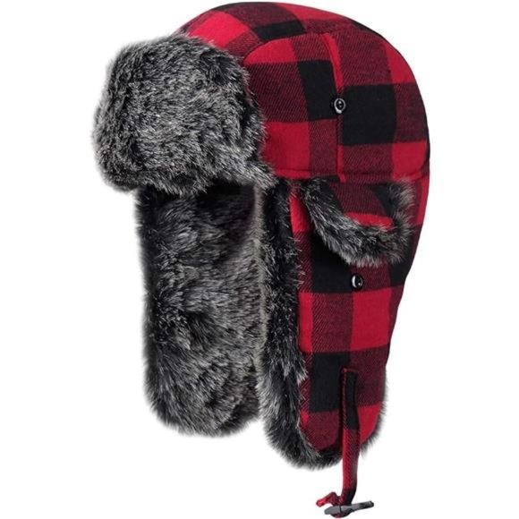 Trapper Hat Winter Hats for Men with Faux Fur Ear Flaps Red - Picture 8 of 8